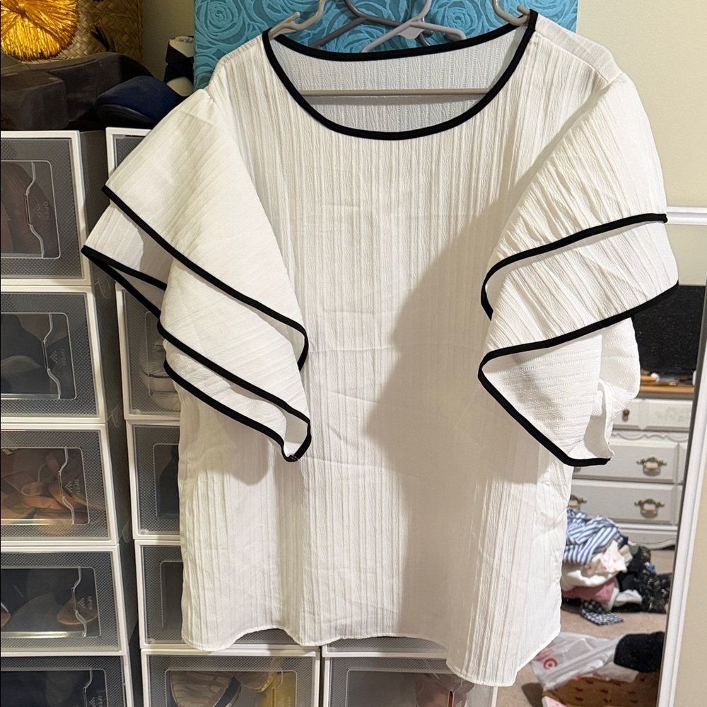 SHEIN White Blouse with Black Trim Ruffle Sleeves
